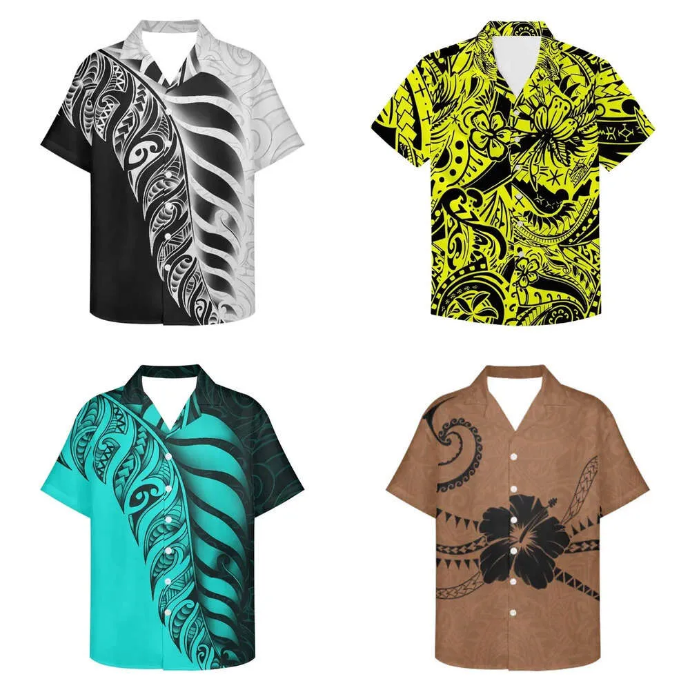 Business Casual Polynesian Shirts Männer lehnen Kragen Kurzarm Tribal Tattoos Button Slim Fody Men's Tops 220322 's ab