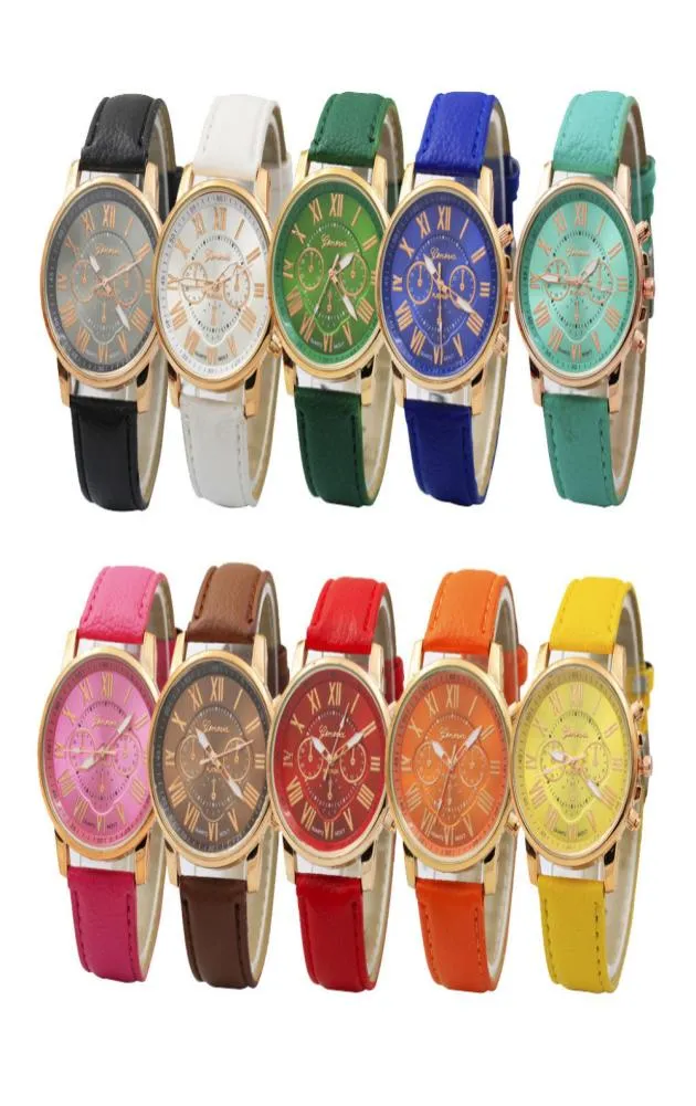 Luxus Genf Watch römische Zahl Uhren Handgelenk Leder Bunt Unisex Quarz Armbanduhr für Männer Frauen6169997