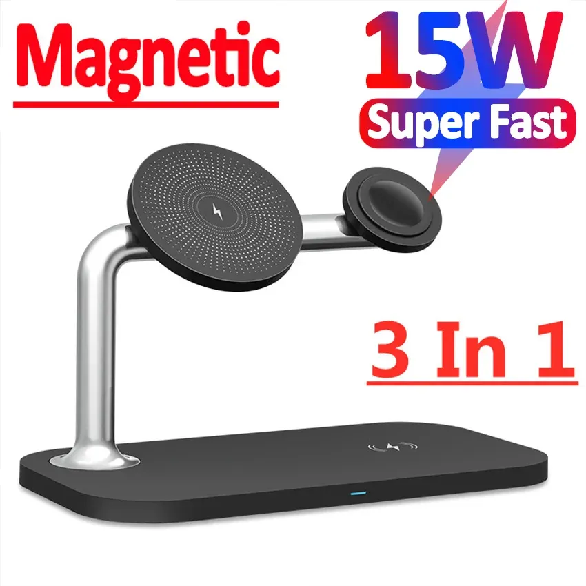 Laddare 15W 3 I 1 Magnetic Wireless Charger Stand för iPhone 13 12 Pro Max Apple Watch MacSafe Fast Charging för AirPods IWatch 7 6