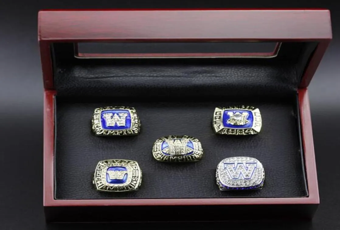 1962 1984 1988 1990 2019 Blue Bombers The Grey Cup Ring Set avec Boîte d'affichage en bois Case de ventilateur Gift 2021 Drop 5913688