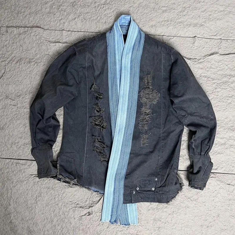 Herenjacks mannen gewassen noodlijdende multi fabric denim splitsen vest kaap retro daopao deconstruct jas voor mannelijk