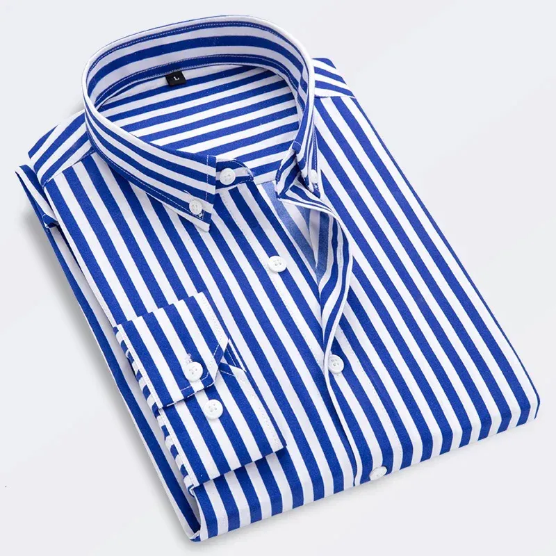 Merk mannen shirt mannelijke shirts gestreepte heren casual lange mouw zakelijke formele plaid camisa social 240411