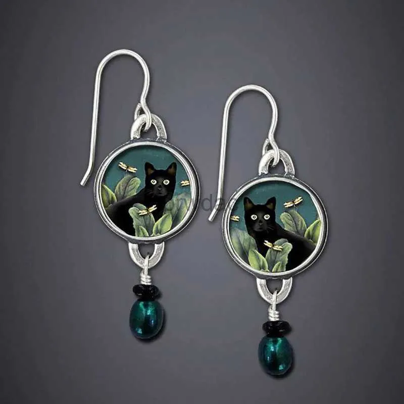Dangle Chandelier Vintage Round Black Cat Earrings for Women Ethnic Antique Silver Color Painting Green Leaves Blauwe Parel Dangle Earrings d240323