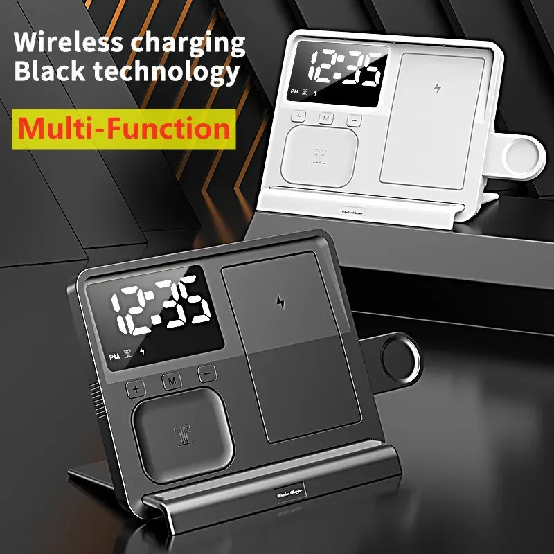 Cargadores 5 en 1 Wireless Charger Stand despertador LED LED 15W Dock de estación de carga rápida para iPhone 14 13 12 Apple Watch AirPods Pro