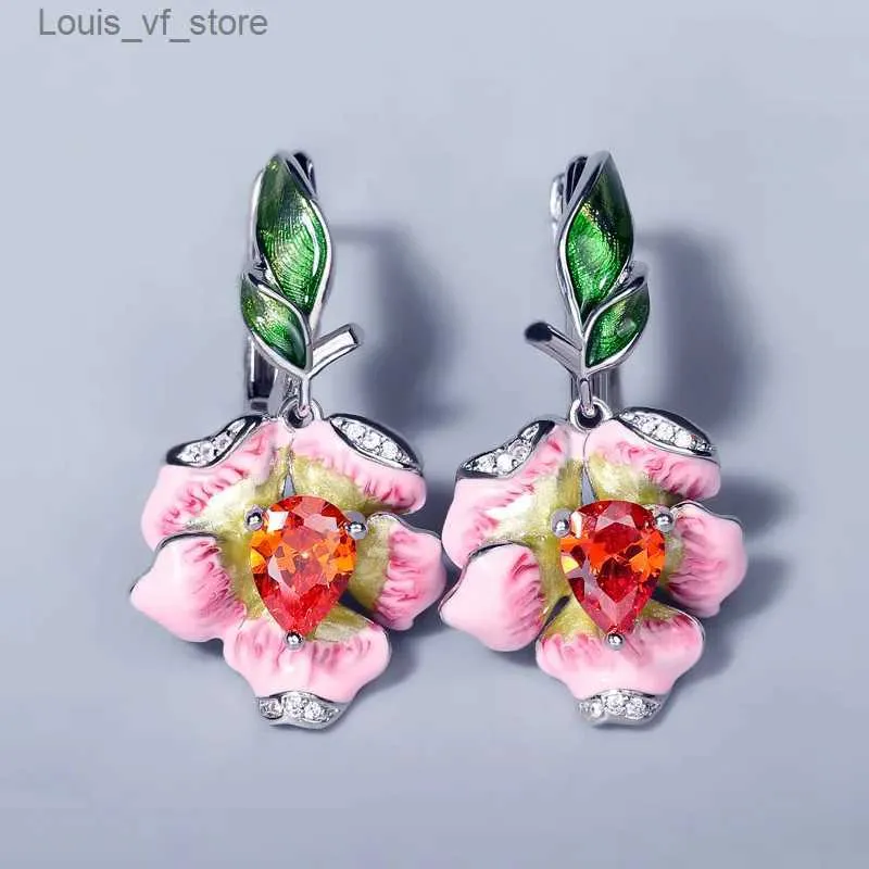 Dangle Chandelier 2020 High quality Water Drop Pear Shape Earring 925 silver Ruby Enamel Pink Epoxy Earrings for women jewelry gift H240423