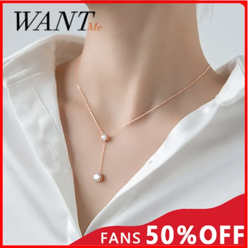 Necklaces WANTME Genuine 925 Sterling Silver Minimalist Round Zircon Y Shape Link Chain Charm Necklace for Women Chic Wedding Jewelry Gift