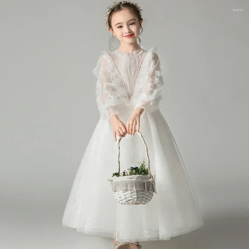 Girl Dresses Children's Dress Princess Flower White Fluffy Gauze Long Sleeved Dinner Party Girl's Birthday Dignified Walking