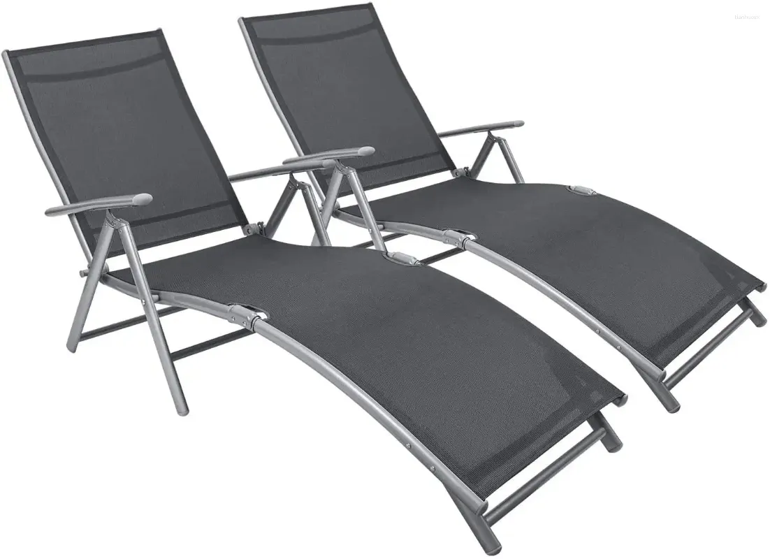 Muebles de campamento sillas de salón de patio de 2 playa de chaise ajustable al aire libre piscina reclinadores gris gris