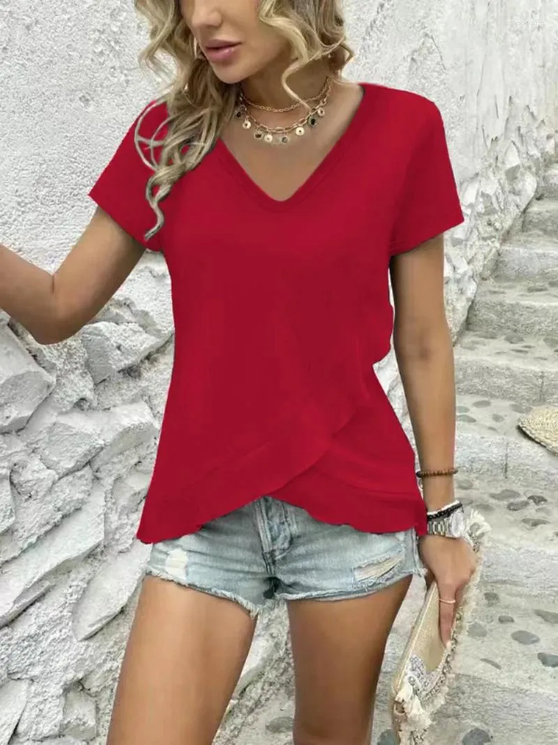 Women's T Shirts 2024 Spring And Summer Fashion V-neck Ruffled Slim Thin Short-sleeved T-shirt Womens Clothes Daily Wear