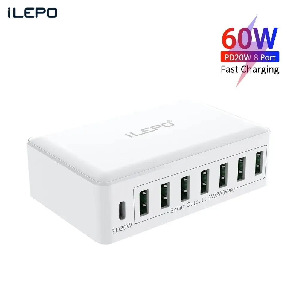 HUBS ILEPO 60W 8 Puertos Estación de carga USB PD 20W Tipo C Fast Charger Multi Ports Hub con pantalla LED para iPhone Samsung