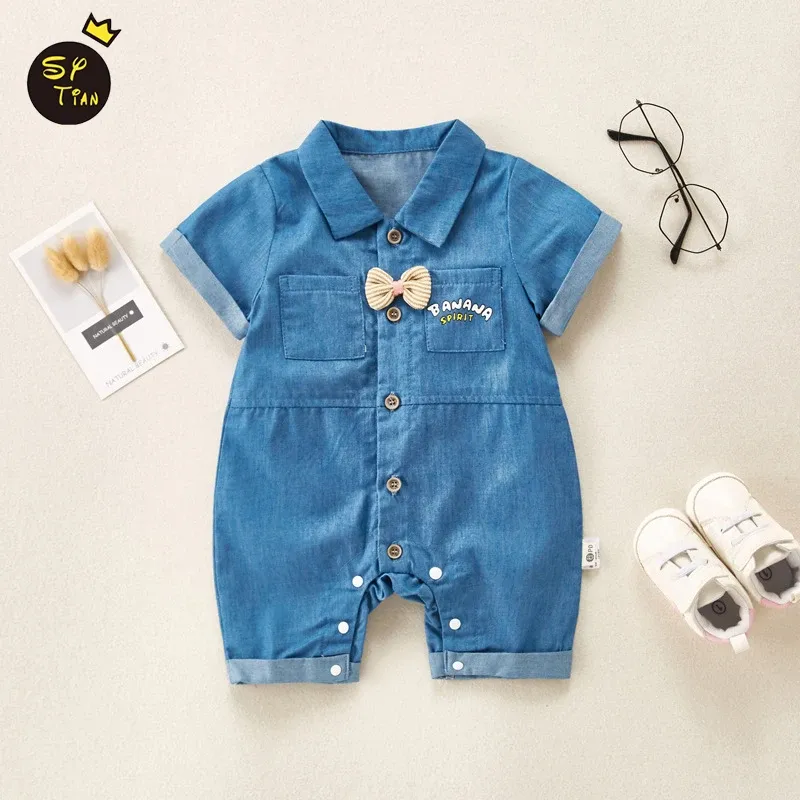 Enstycken sommar spädbarn barn nyfödda barn denim romper baby pojkar flickor kort jumpsuit härlig kausal bomull baby kläder romper playwouit