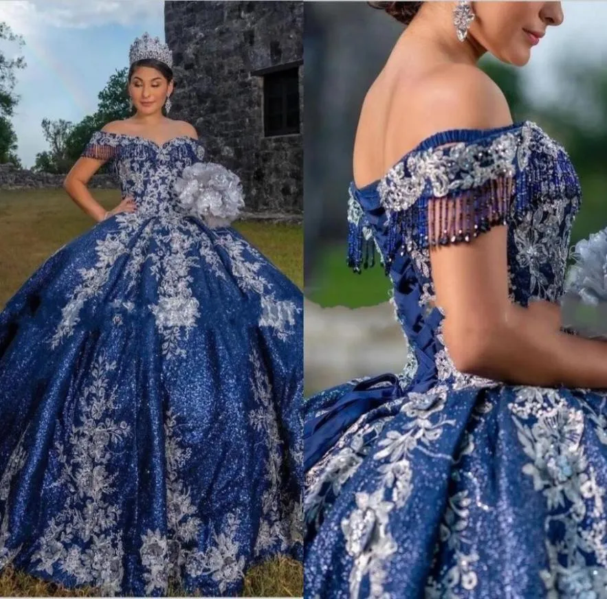 Bling paillettes en tulle perles de quinceanera robes bleu marine 2022 Robe de bal de l'épaule Applique de fleur ivoire douce 15 16 filles1478346