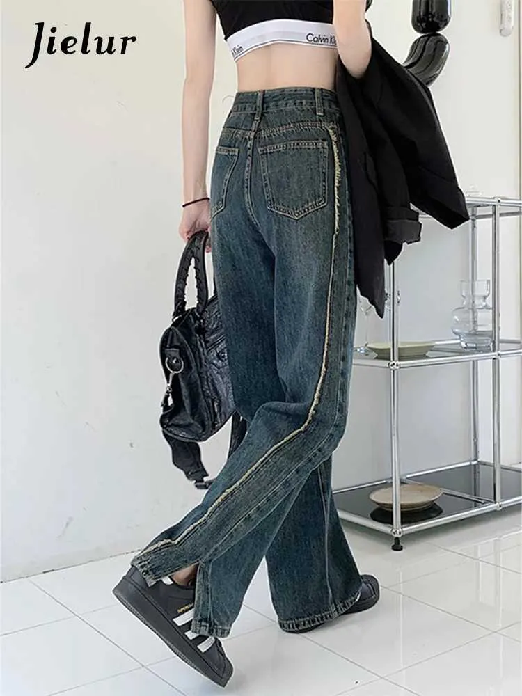 Jeans femminile jeans jieur fashion bordo raw split women jeans autunno new vintage blu alta jeans femminile sciolte pantaloni di denim dritti donne s-xl y240422