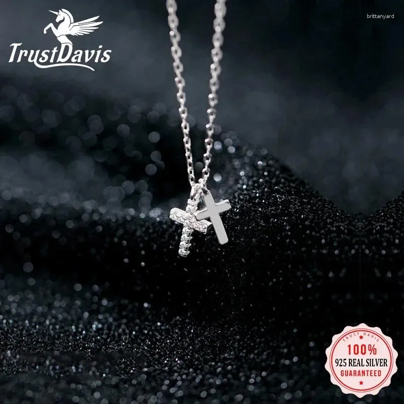 Pendants Trustdavis Real 925 Silver Silver Fashion Double croix CZ Collier de clavicule courte pour femmes Bijoux Fine Jewelry DA246