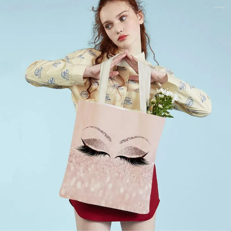 Shopping Bags Fashion Sexy Women Eyelashes Travel Tote Handbag Double Printed Reusable Cartoon Lady Eyes Canvas Shoulder Bag