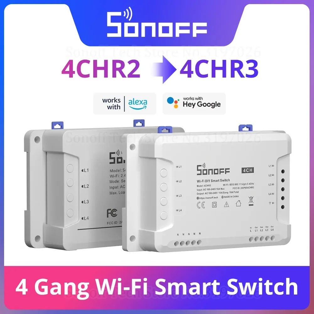 Controle ITEAD SONOFF 4CH R2 Smart WiFi Switch 4 Gang Smart Home Remote Control Light Switch Funciona com Alexa Google Home Ewelink App