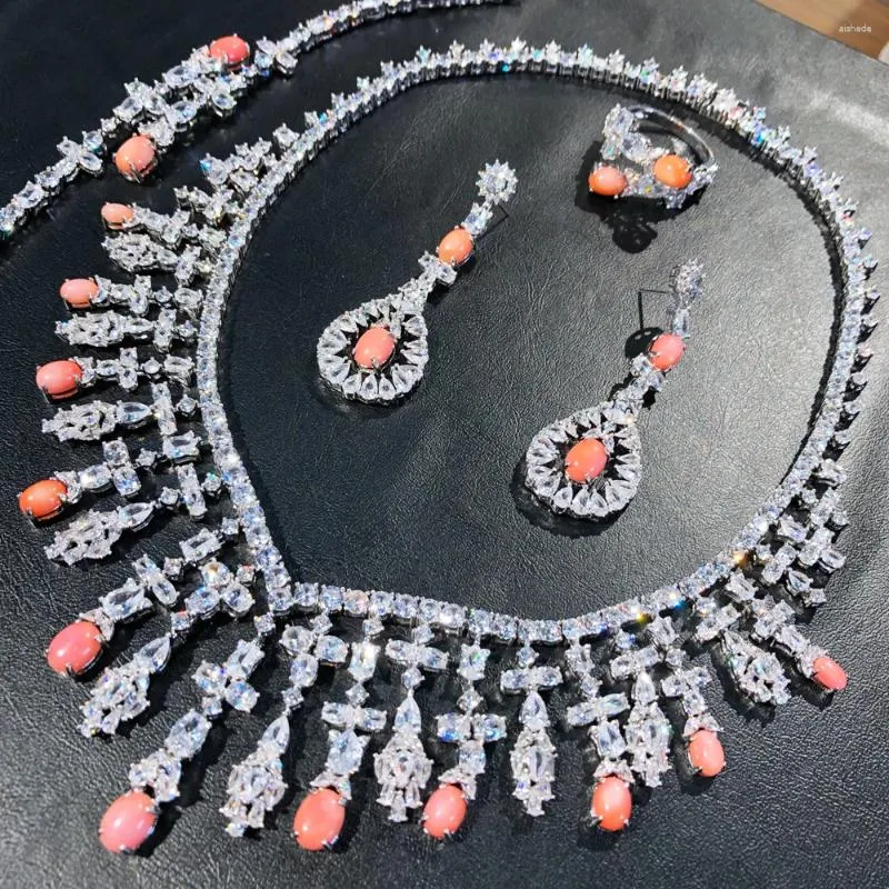 Halsbandörhängen set Godki Lovely Real Pink Coral African For Women Wedding Full Micro Cubic Zirconia Dress Earring Sets