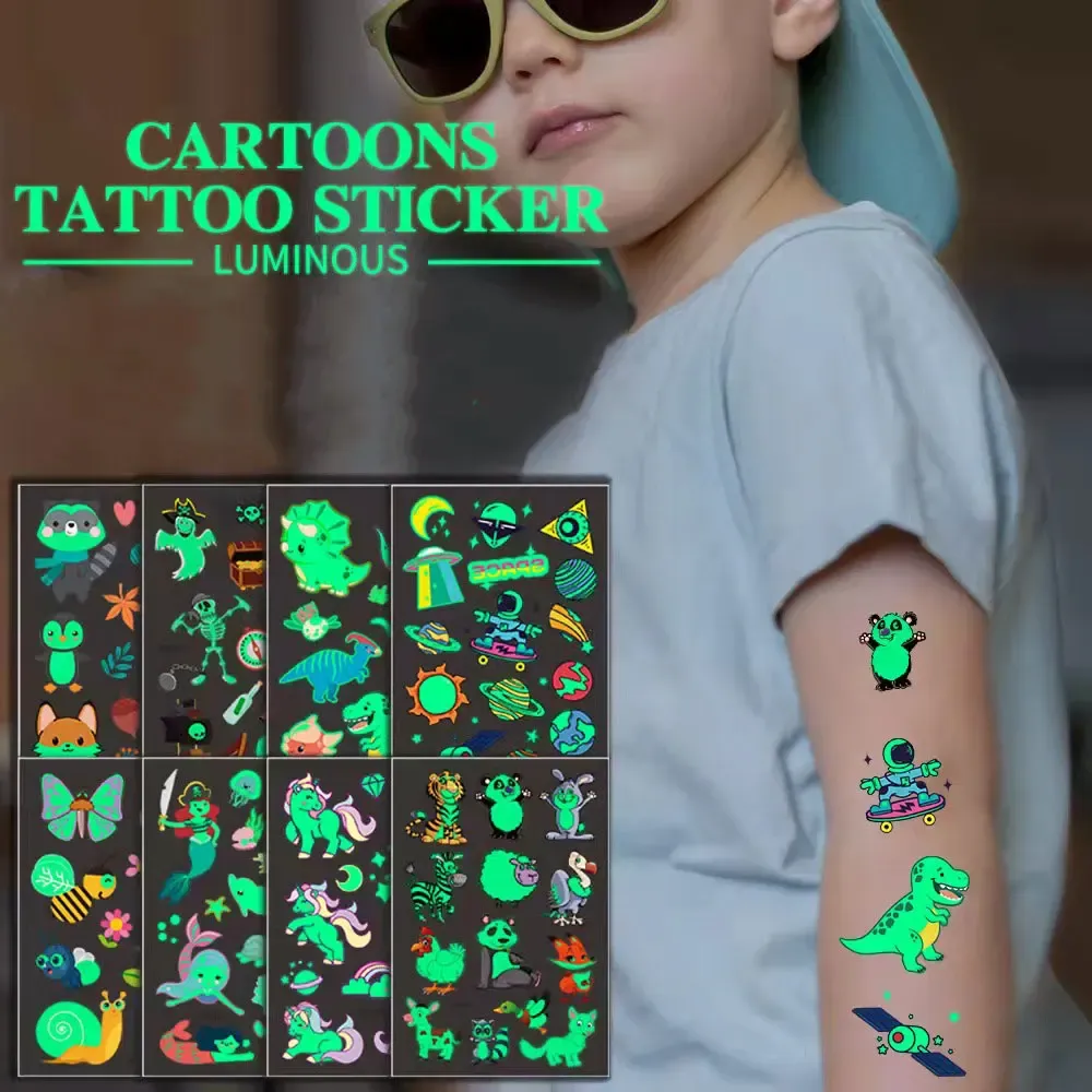 Tatuagens 8pcs tatuagens temporárias luminosas para crianças desenho animado unicórnio glitter tatuagem falsa infantil arte tatuagem infantil adesivo