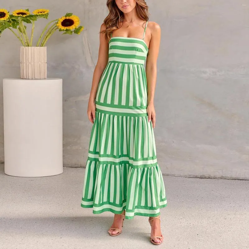 Casual Dresses Women Boho Colorful Spaghetti Strap Dress Summer Vacation Beach Long Sun Ric Rac Stripe Flowy Cami Maxi