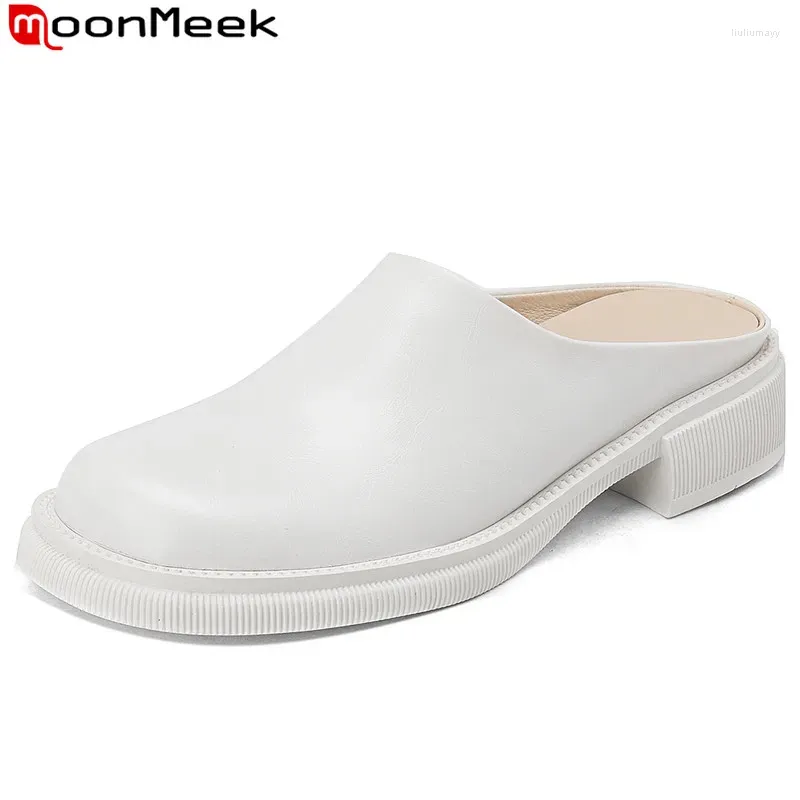 Slippers Moonmeek 2024 Size 33-40 Mashion Buges ضحلة امرأة جلدية حقيقية أحذية أحذية السيدات مربعة ميد كعب