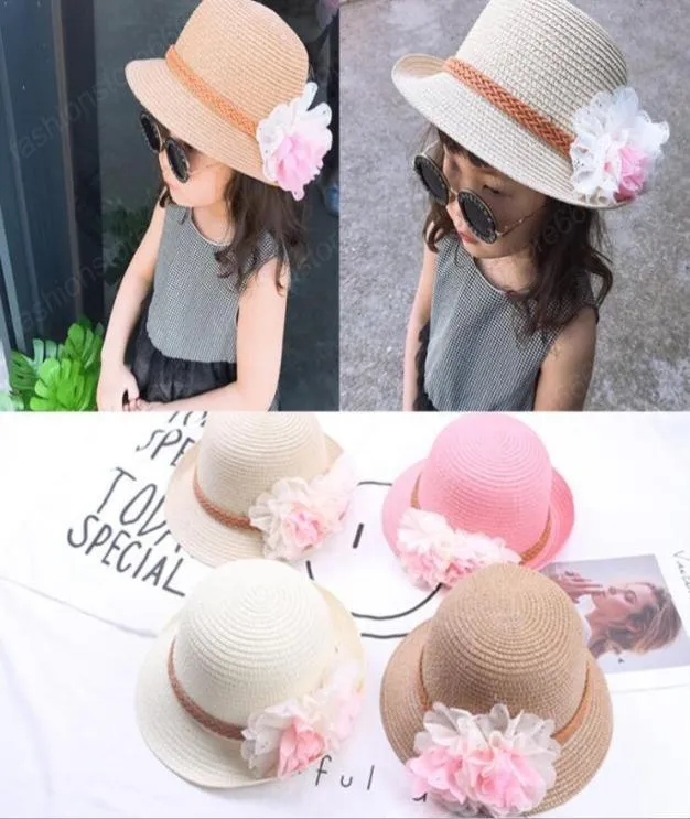 ganze Sommer Kinder Blumenstrohhüten Fedora Hut Kinder Visor Beach Sonne Baby Girls Sunhat Wide Rand Floppy Panama für Girl3158599