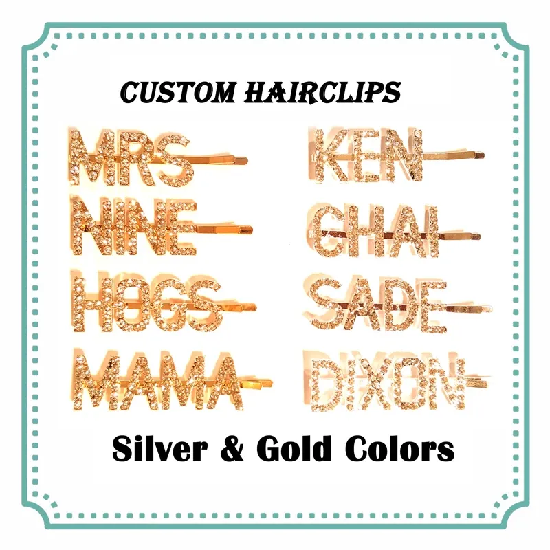 Jóias Nome personalizado Palavras de corte de letras personalizadas Cabelo Cabelo Cabelo British Hot Hot Hot Pins Silvergold Colors