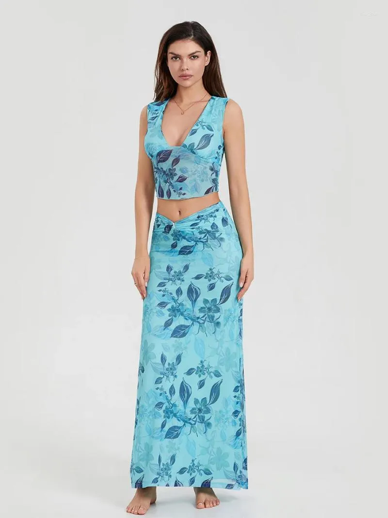 Robes décontractées Femmes Summer 2 pièces Long Jupe Ensemble Floral Imprimé en V Col Crop Crop Top Top High Ensembles de plage Outfits Clubwear