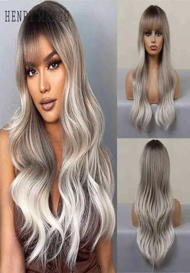 Hair Synthetic Wigs Cosplay Henry Margu Womens Synthetic Wig with Bangs Long Ombre Brown Ash White Wavy Fake Hair Cosplay Party Da7640950