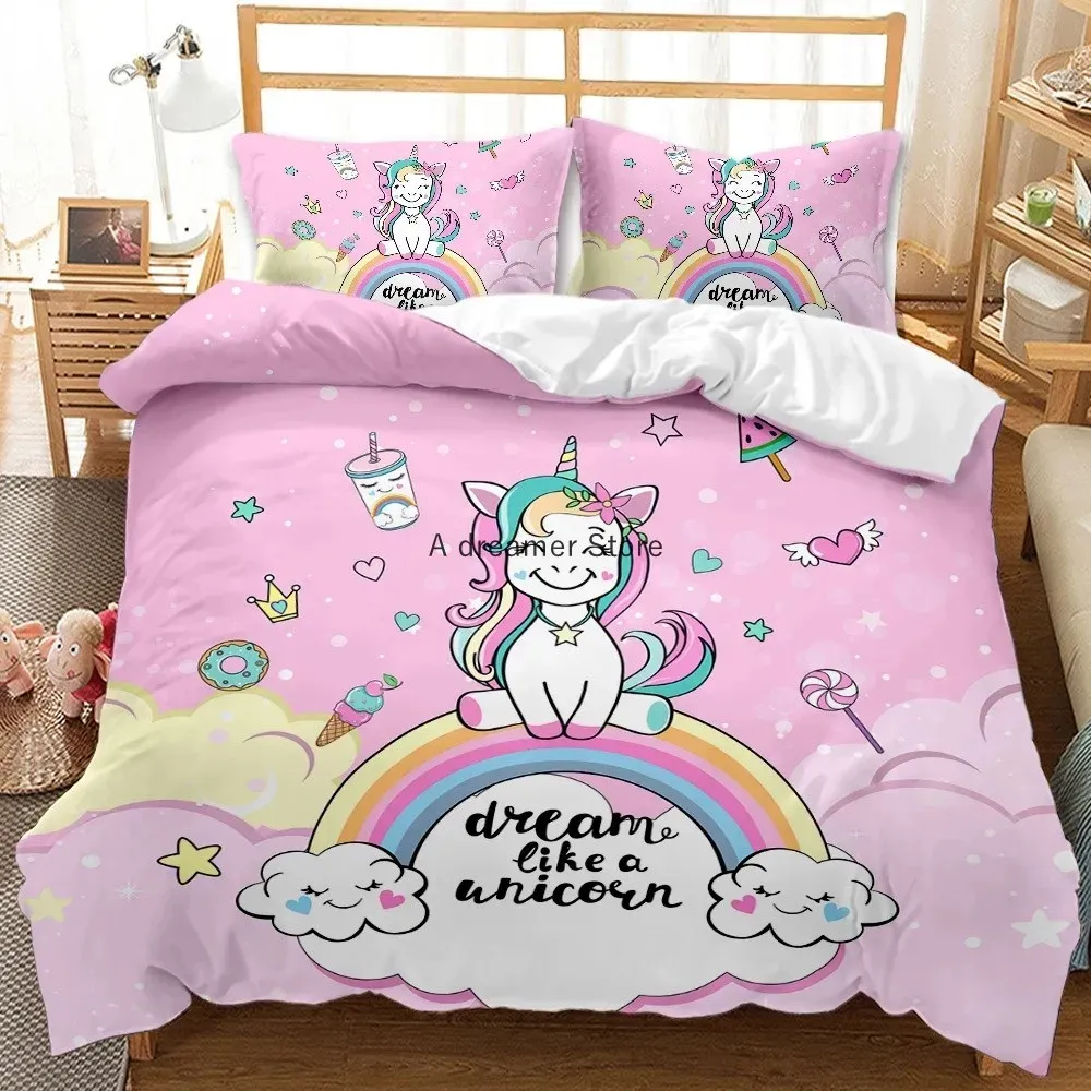 Sets Cartoon Unicorn Pony Bedding Cover Capeta de ropa de cama para niñas Nudios Divet Caminos de cama de edredón Precioso juego de cama de lino