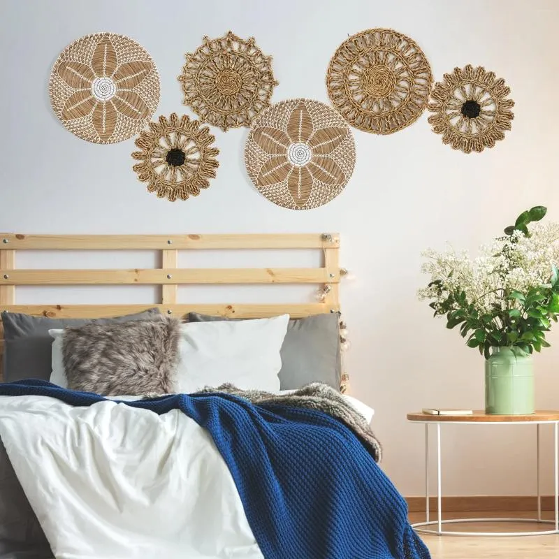 Decoratieve beeldjes 6pcs Handgemaakte muurhangen geweven zeegrasmand Afrikaanse boho -stijl kommen schijven voor huis woonkamer slaapkamer decor