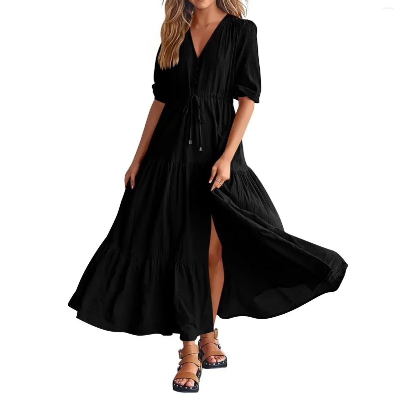 Casual Summer Wedding Guest Dress for Women with Short Sleeves V Neck  Button Drawstring Plus Size from Dhgate Basic & Casual Dresses