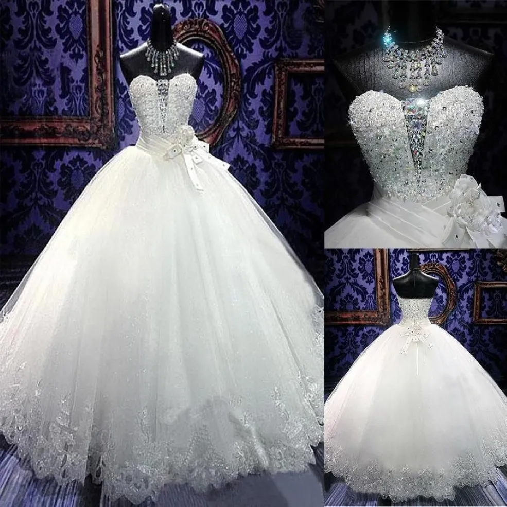 Fantastisk tyllkulklänning bröllopsklänning med pärlor Rhinestones bling bling bröllopsklänningar golvlängd brudklänning260g