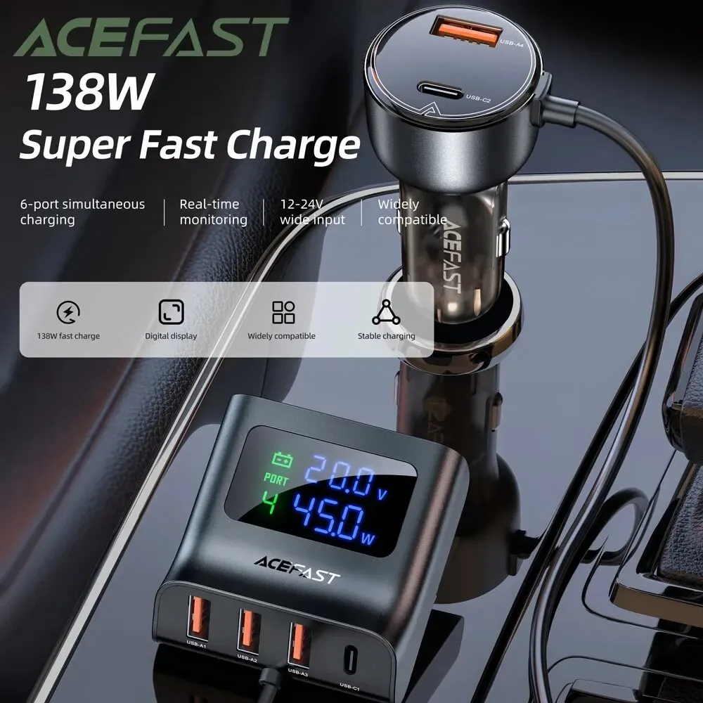Hubs Acefast 138W LED Display Car Car Hub Charge Adaptateur de chargement rapide pour l'iPhone 15 14 13 Port de charge rapide de type C USB pour la tablette iPad