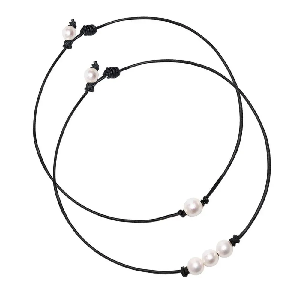 Necklaces New Women Black Leather Cord Three Pearl Pendant Knot Choker Necklace Jewelry Cord Knotted Necklaces Handmade Jewelry