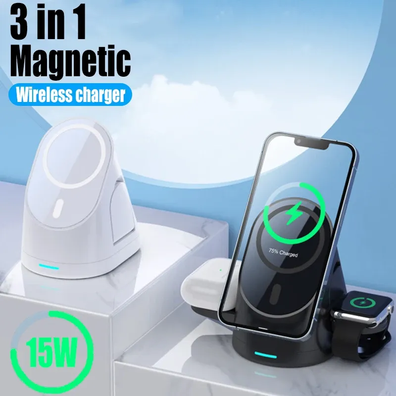 Chargers 3 in 1 Wireless Charger Station 15W Fast Charging Magnetic Induction Stand Macsafe Holder For iPhone14 13 12 Pro Max Apple Watch