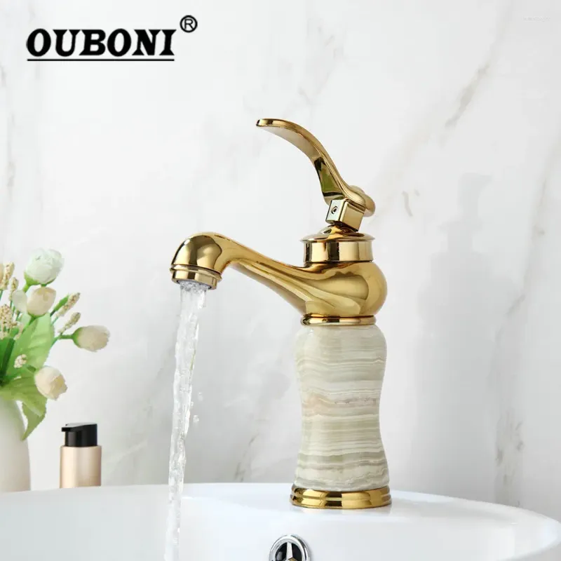 Bad Waschbecken Wasserhähne Ouboni Luxus goldener Wasserhahn Jade Körper Messing Gold Poliertes Waschbecken kaltes Wassermischhahn Hahn