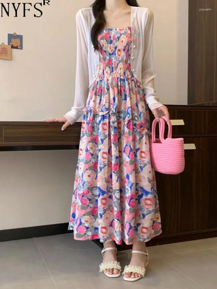 Casual Dresses NYFS 2024 Summer Korea Woman Dress Vestidos Robe Elbise Loose Plus Size Two-Piece Sling Set Long