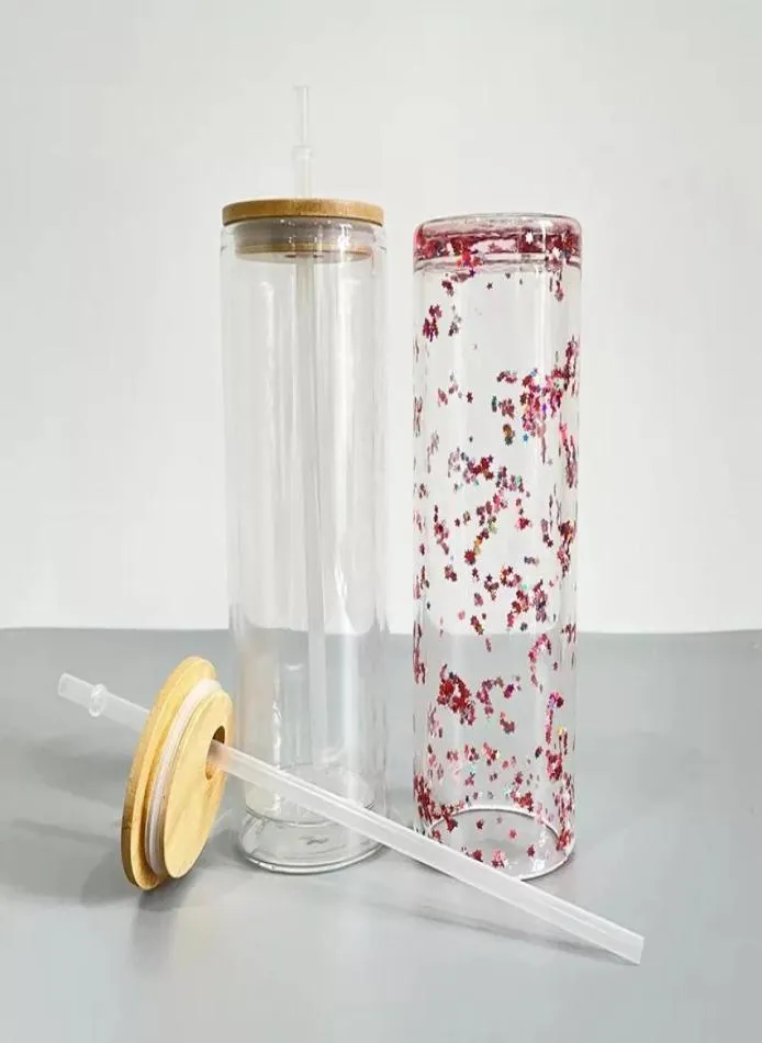 20oz predrill snow globe glass tumblers with bamboo lid straw double wall sublimation straight skinny glasses tumbler clear blank2650909