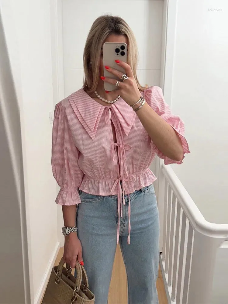 Women's Blouses Leuke Turn Down Collar Blouse Women 2024 Spring zomer zachte streep lange mouwen Lace Up Shirts vrouwelijk bijgesneden tops streetwear