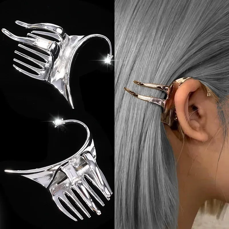 Earrings Trendy Hair Hold Ear Cuff Fairy Zircon Hoop Earrings Korean Sliver Elf Ears Clips for Women Single Side Y2k Punk Party Jewelry