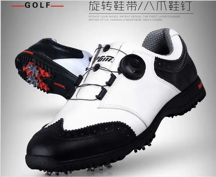 Tillbehör PGM Golf Mens Shoes Bekväm Bekväm knopp System Golf Herrskor Vattentät äkta läderspikare Skruvlåsanordning