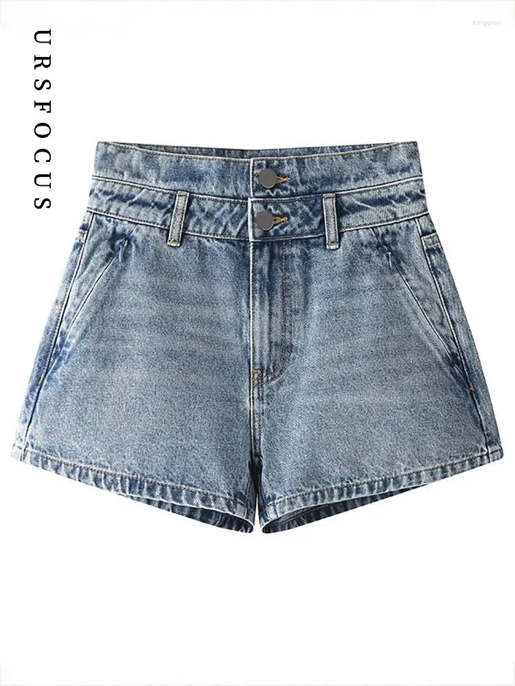 Frauen Jeans Ursfocus Mode Baumwolle Kurzdoppelte Taille Reißverschluss Blau Straight Wide-Big Denim Shorts Sommer 2024 K2ou