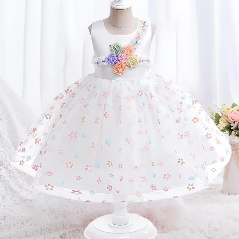 Sommermädchen weiße Prinzessin Kleid Buntes Tüll -Prom Taufe Hochzeitskinder Partykleider für Mädchen formelle Bridemaids Kleid