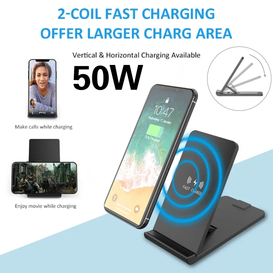 Chargers NEW 50W Qi Wireless Charger Fold Stand Pad Fast Charging for iPhone 13 12 14 XS XR 8 Airpods Pro Samsung S21 S20 Qucik Charge