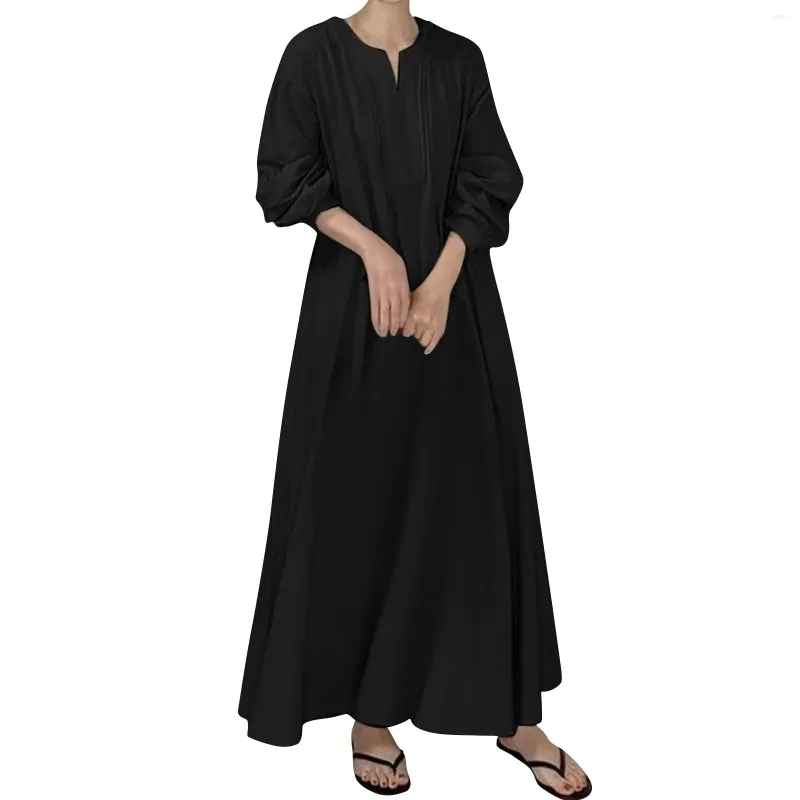 Robes décontractées Fashion's Fashion Coton lin Lazy Style Loose Round Round Long Longueur ethnique