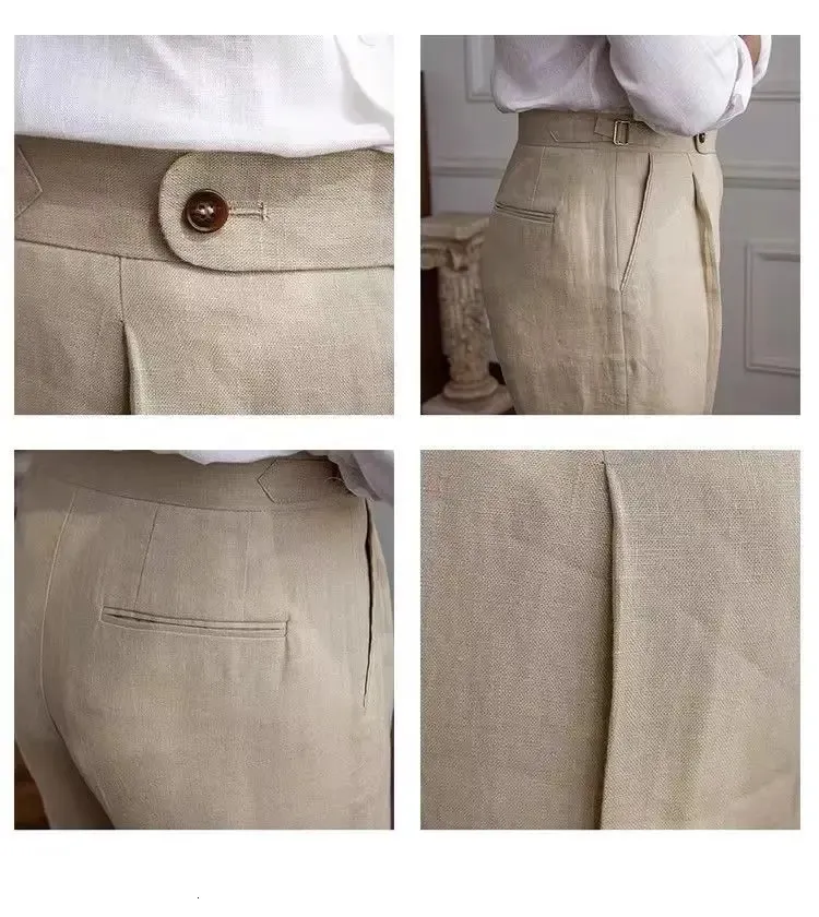 Mens Linen Beach Trousers High Waist Straight Leg Suit