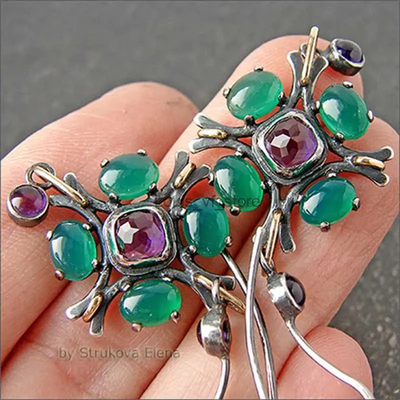 Dangle żyrandol Vintage Geometry Green Purple Stone Kolczyki Złoty srebrny kolor dla kobiet biżuteria zaręczynowa ślubna H240423