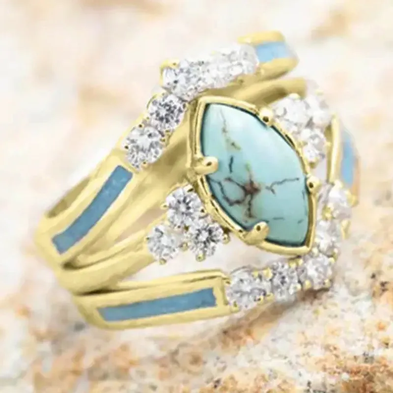 Bands Huitan Marquise Imitated Turquoise Stone Women Rings Silver Color/Gold Color Luxury Accessories New Fashion Wedding Band Jewelry