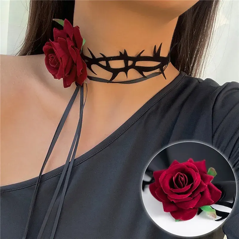 Halsband Romantiska Big Rose Flower Halsband för kvinnliga damer koreanska mode Långt snörning av repkedja Choker Y2K Tillbehör på nacksmycken