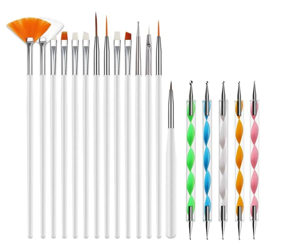 20pcs Nail Art Brushes Kit gel POSIRME STOLLAGE BRUSSE ACRYLIQUE Set Nailart Salon Peinture Dotting Pen Tools Pink White Black5656003